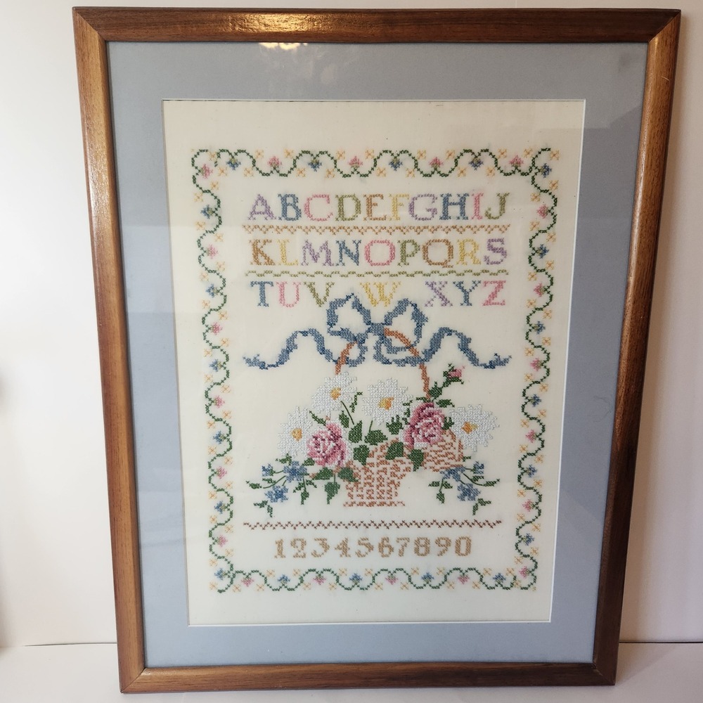 Large Vintage‎ Framed Cross Stitch Sampler Alphabet Floral Basket Wood 18x24